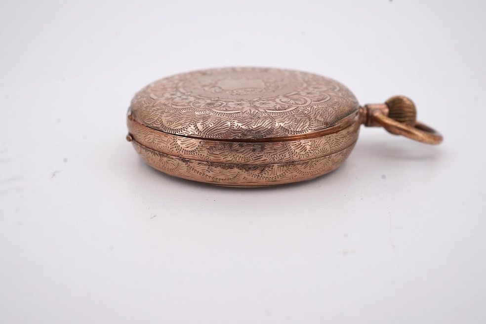 An early 20th century continental 9k open faced fob watch, with Roman dial, 34mm, gross weight 30.5 grams. Condition - poor to fair